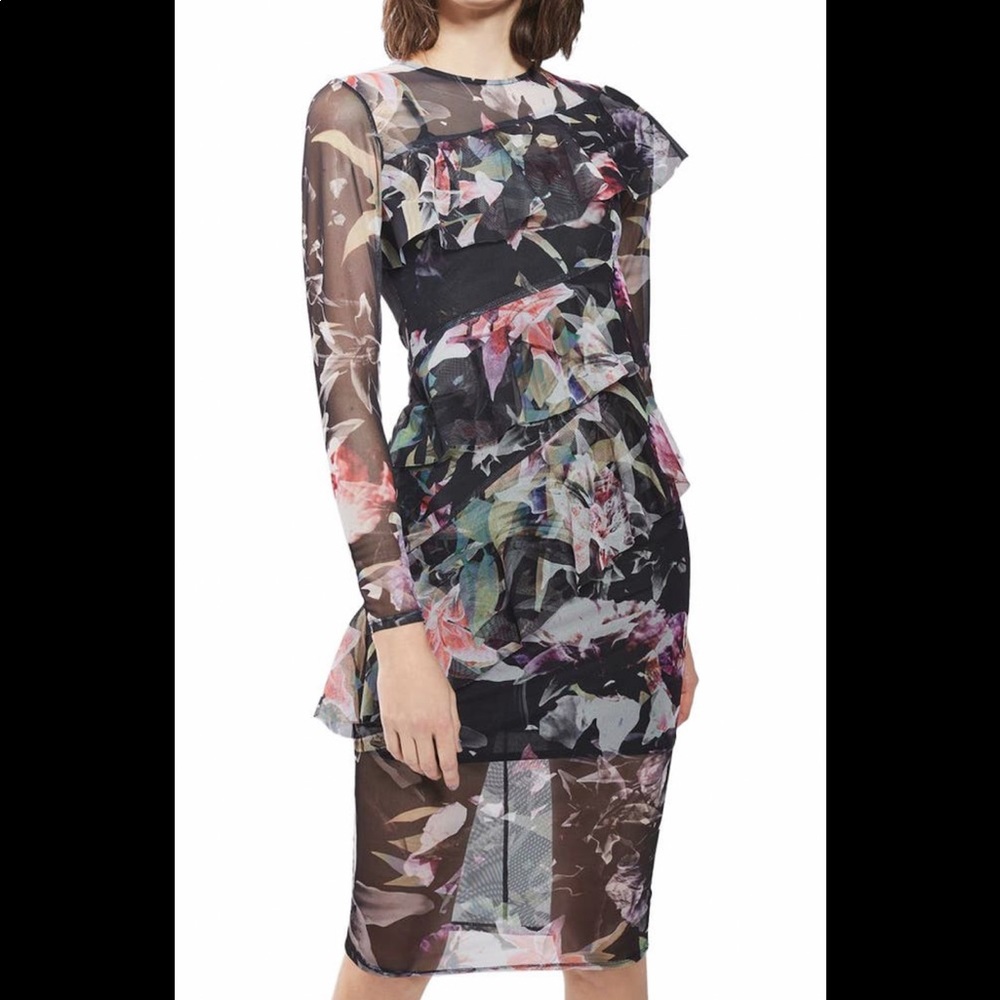 Topshop Floral Ruffle Mesh Midi Dress